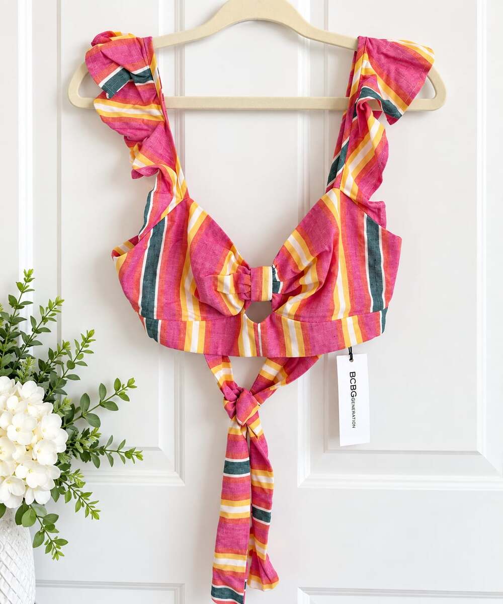 Bcbgeneration Flutter Sleeve Crop Top Size S Multi Striped Linen Blend -NWT